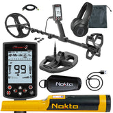 Nokta The Legend 2 SMF Waterproof Metal Detector with LD28 11", LD21 8", Accupoint Pinpointer with holster, charger, lanyard, bluetooth headphones, and accessories