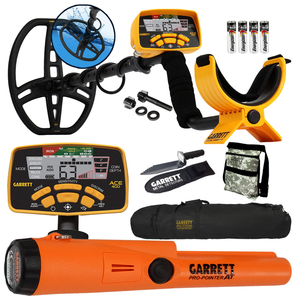 Garrett ACE 400 Metal Detector with DD Waterproof Coil, PRO-POINTER AT, Carry Bag, and Digging tool