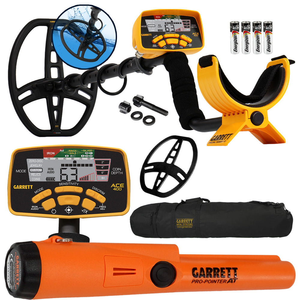 Garrett ACE 400 Metal Detector with Waterproof Coil Pro-Pointer AT and Carry Bag