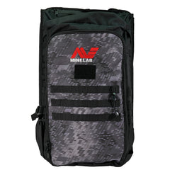 Minelab Detector Backpack front view with Minelab red and white logo. Backpack is black and camo black
