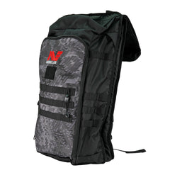 Minelab Detector Backpack front view with Minelab red and white logo. Backpack is black and camo black ide view