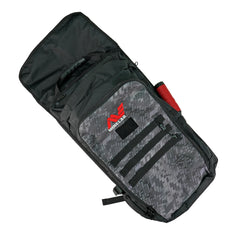 Minelab Detector Backpack front view with Minelab red and white logo. Backpack is black and camo black open