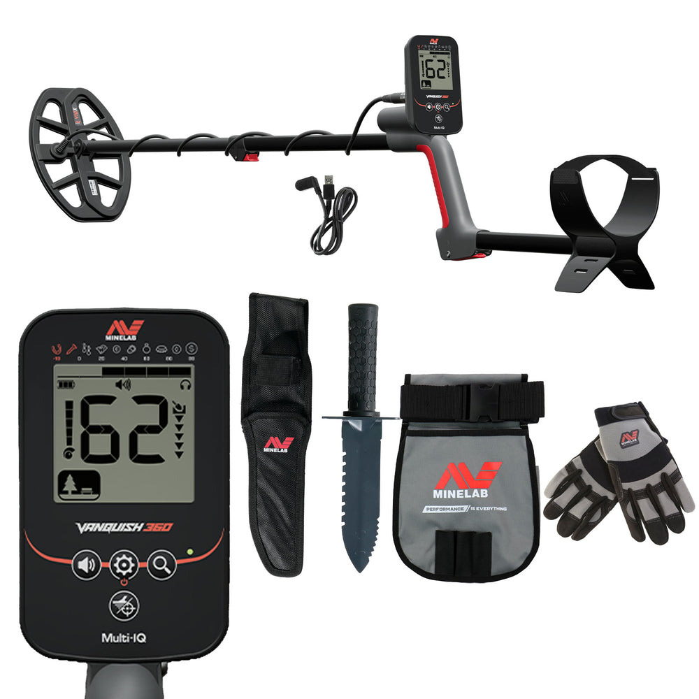 Minelab VANQUISH 360 Metal Detector Bundle with Multi-IQ Technology includes Adventure Pack with Digger, Pouch, and Gloves