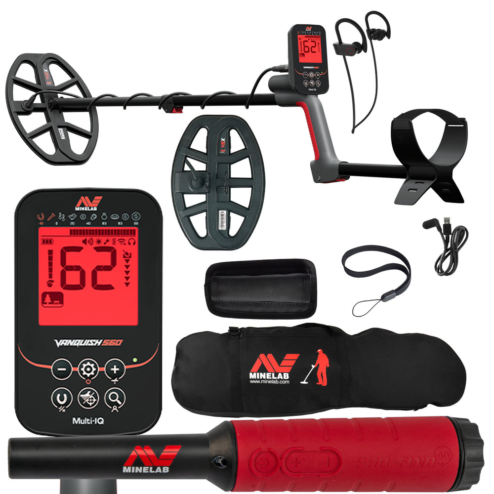 Minelab VANQUISH 560 Pro Pack Waterproof Multi-Frequency Metal Detector with V12x Coil, V8x Coil, PRO-FIND 40 Pinpointer, and Carry Bag