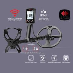 Nokta Legend 2 metal detector 2 coils, bluetooth headphones, carbon-fiber shaft, vibration, backlit LCD & Keypad, LED Flashlight, Waterproof up to 16ft
