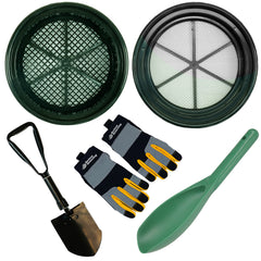 TerraX Field Prospecting Set – 2 Heavy-Duty Classifier, Premium Tri-Fold Serrated Shovel, Green Prospecting Scoop, and Serious Detecting Gloves