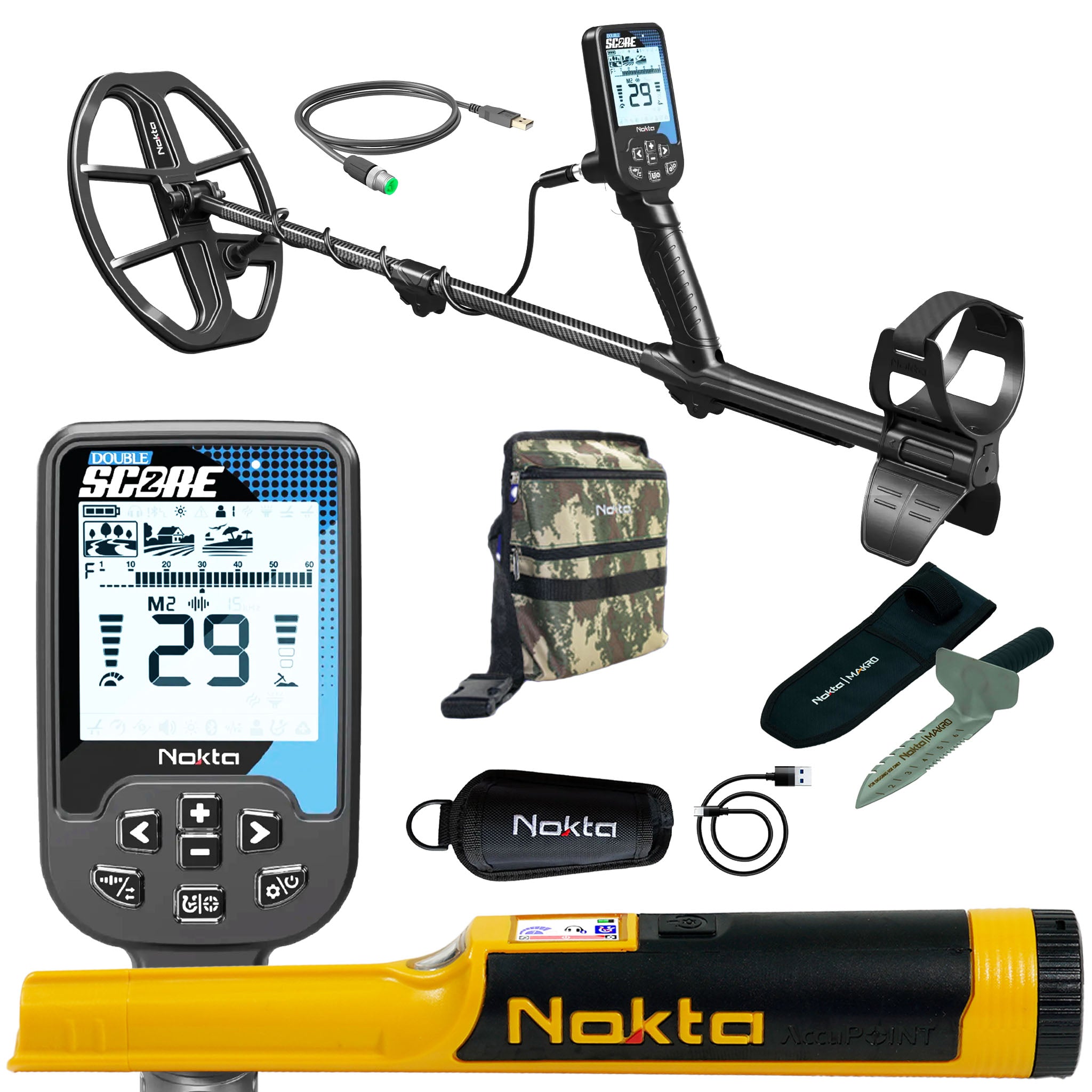 Nokta Double Score (Score 2) SMF Waterproof Metal Detector with AccuPOINT, Premium Digger, and Finds Pouch