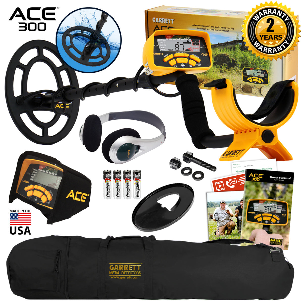 Garrett ACE 300 Metal Detector with Waterproof Search Coil and Carry Bag and accessories