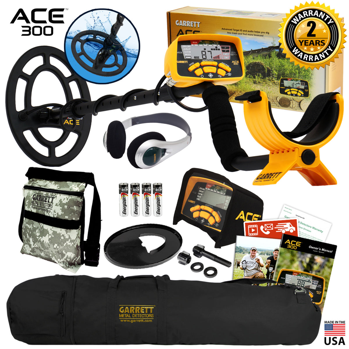 Garrett ACE 300 Metal Detector w/ 7 x 10″ Waterproof Coil, Carry Bag, Camo Pouch