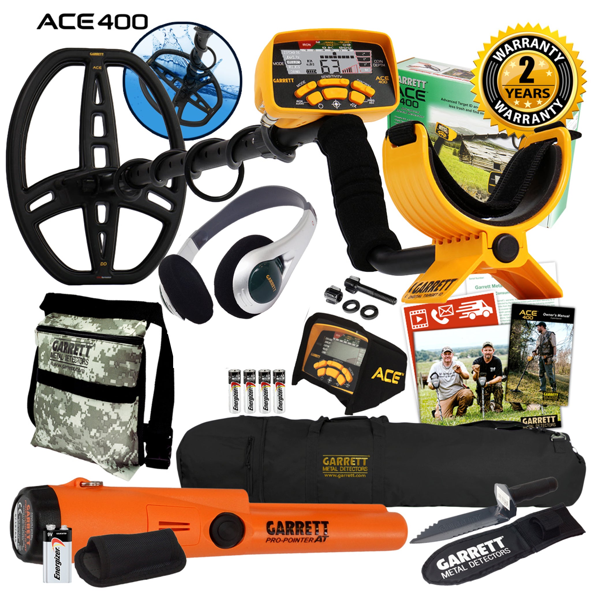 Garrett ACE 400 Metal Detector with DD Waterproof Coil and Premium Accessories