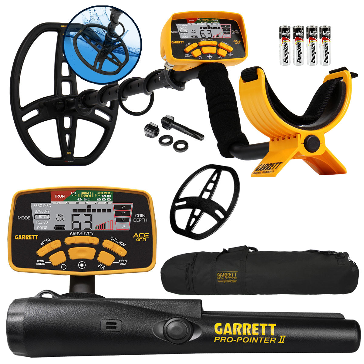 Garrett ACE 400 Metal Detector with Waterproof Coil Pro-Pointer II and Carry Bag