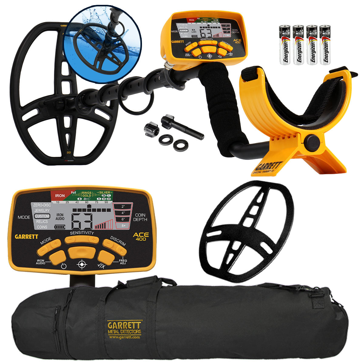 Garrett ACE 400 Metal Detector with DD Waterproof Search Coil and Carry Bag