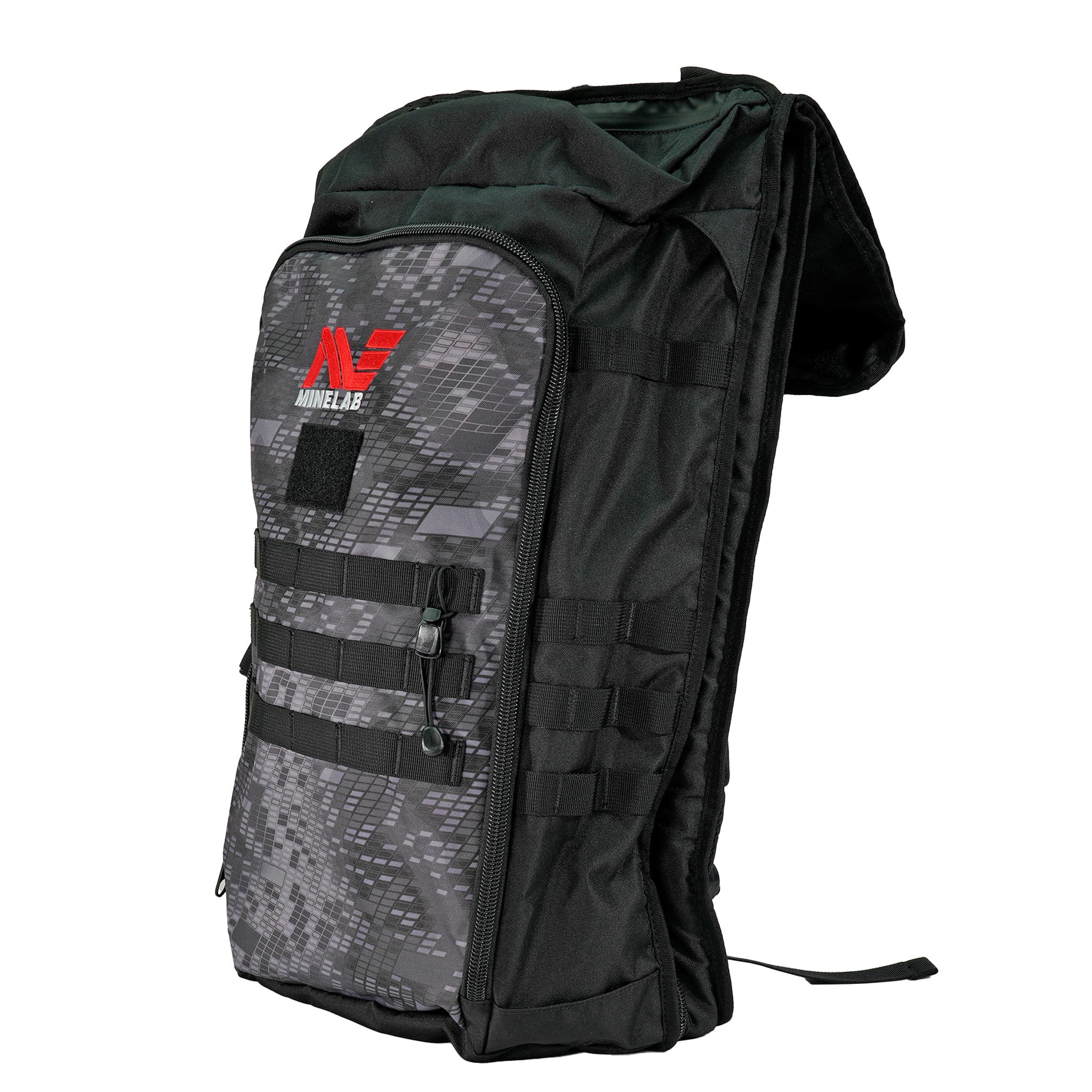 Minelab Detector Backpack front view with Minelab red and white logo.  Backpack is black and camo black  ide view