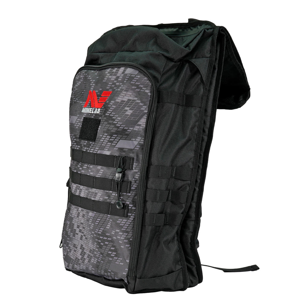 Minelab Detector Backpack front view with Minelab red and white logo.  Backpack is black and camo black  ide view