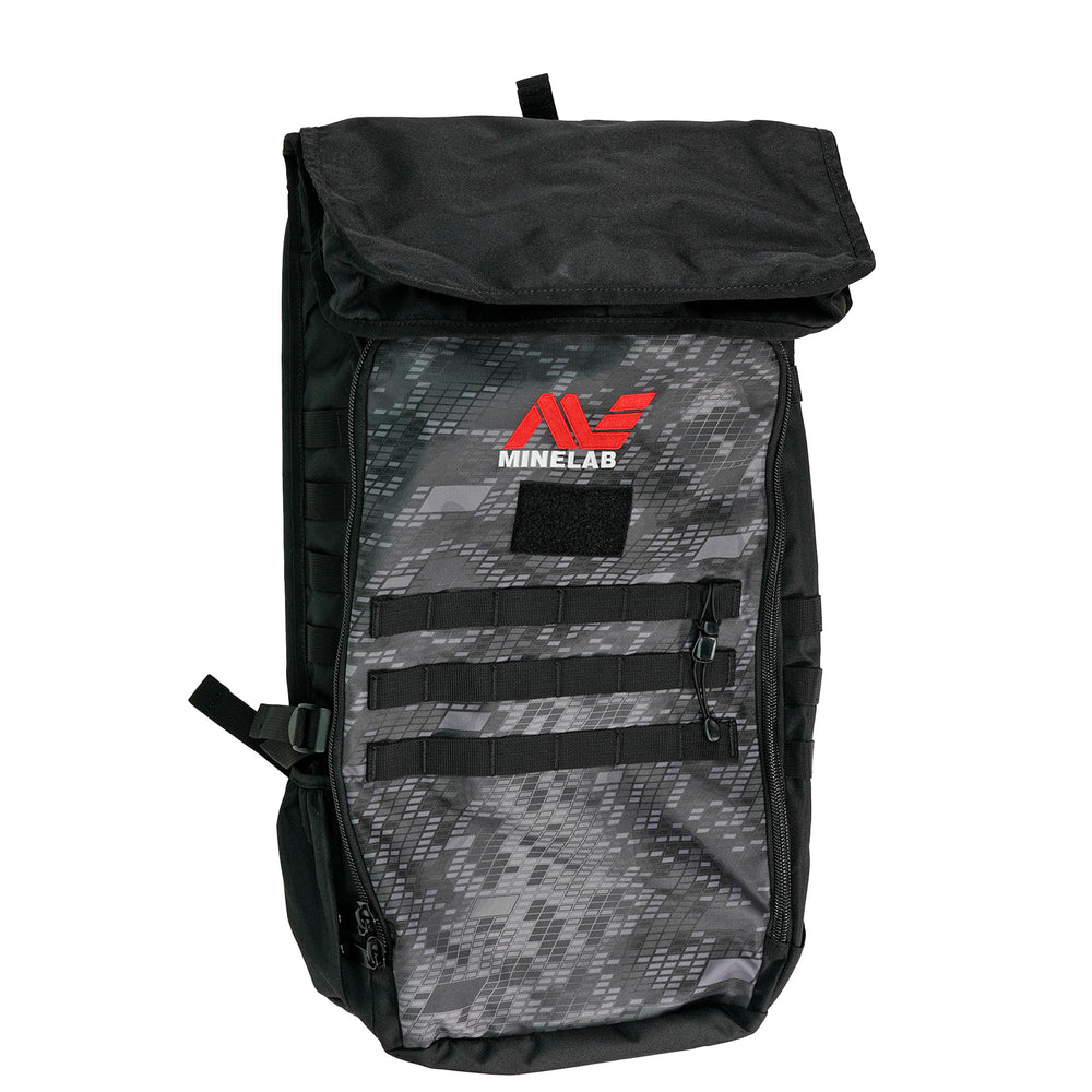 Minelab Detector Backpack front view with Minelab red and white logo.  Backpack is black and camo black flapped