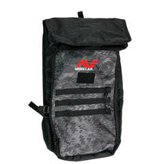 Minelab Detector Backpack front view with Minelab red and white logo.  Backpack is black and camo black flapped