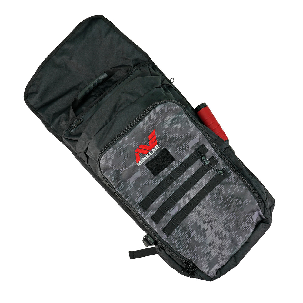 Minelab Detector Backpack front view with Minelab red and white logo.  Backpack is black and camo black open