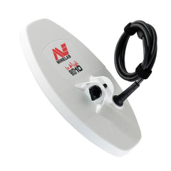 White metal detector search coil with cable on a white background