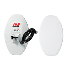 White metal detector coil with cable on a white background, featuring Minelab.