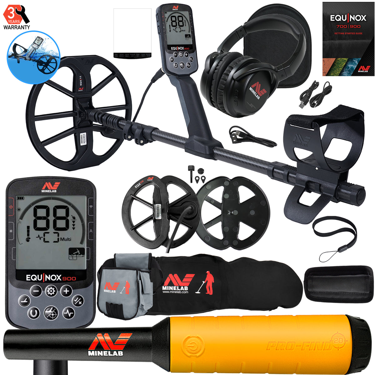 Minelab EQUINOX 900 Multi-IQ Metal Detector w/Pro-Find 20 Pinpointer, Bag, Pouch