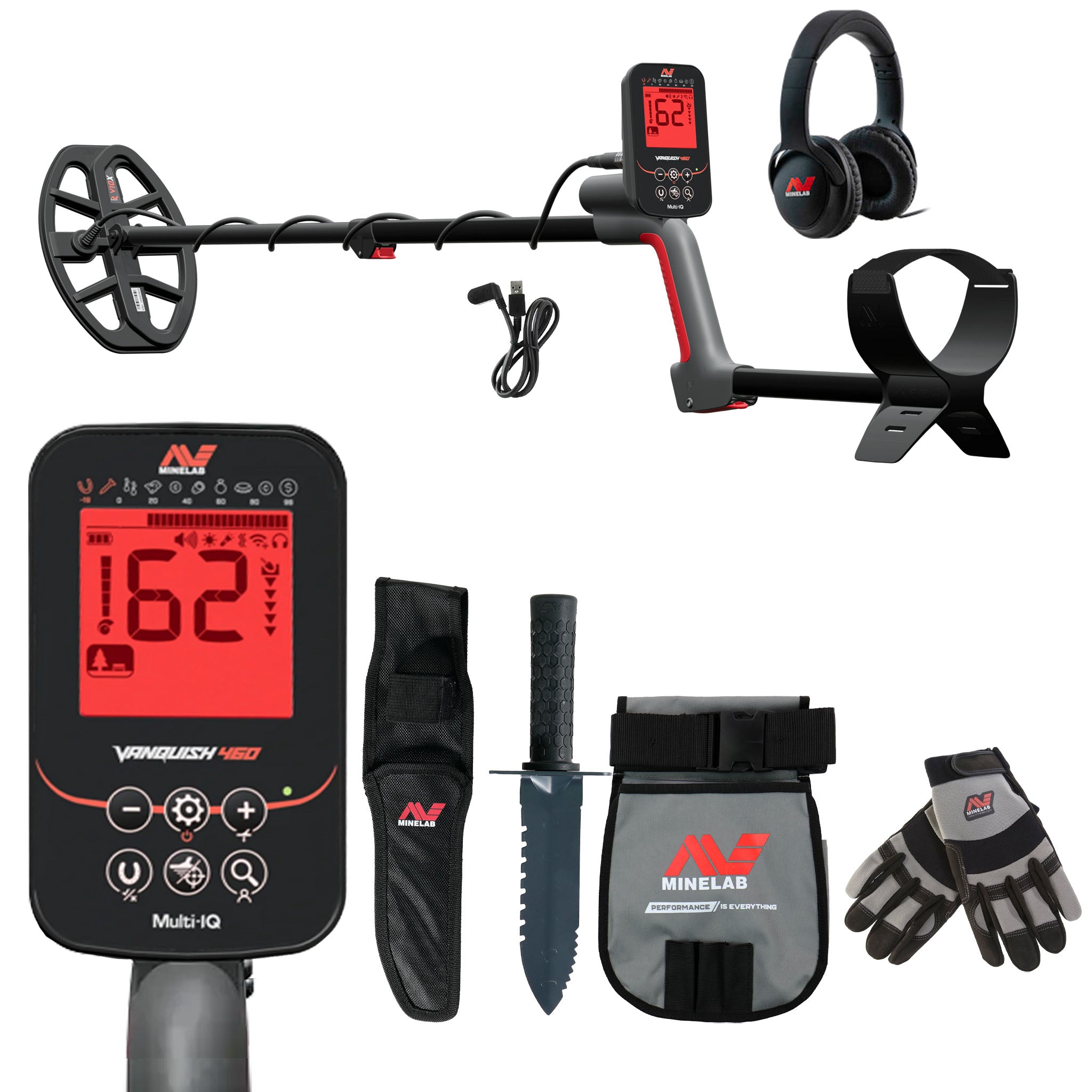 Minelab VANQUISH 460 Waterproof Multi-Frequency Metal Detector + Minelab Adventure Pack - digger, gloves, pouch