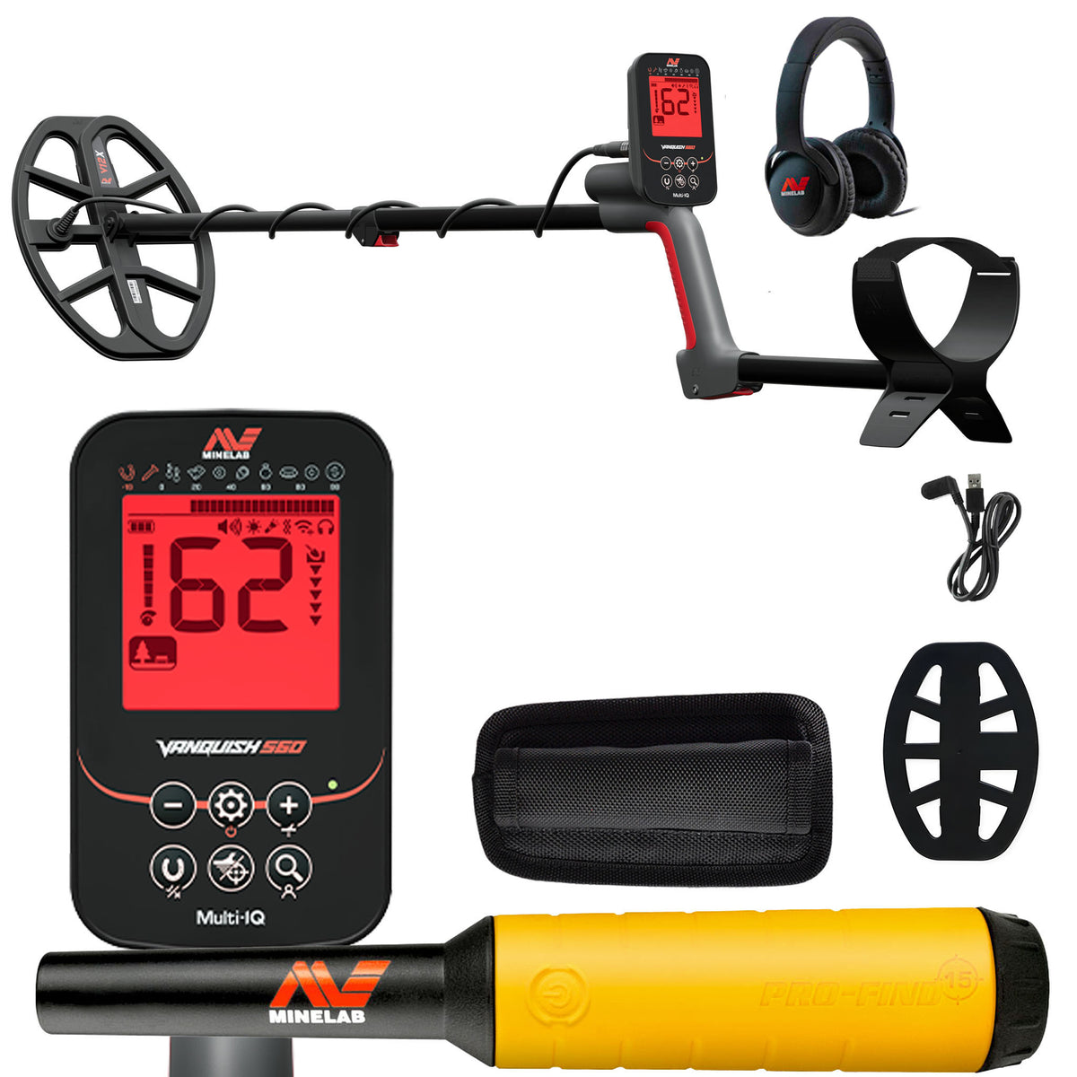 Minelab VANQUISH 560 Waterproof Multi-Frequency Metal Detector with 12 x 9" DD Search Coil with PRO-FIND 15 Pinpointer and accessories