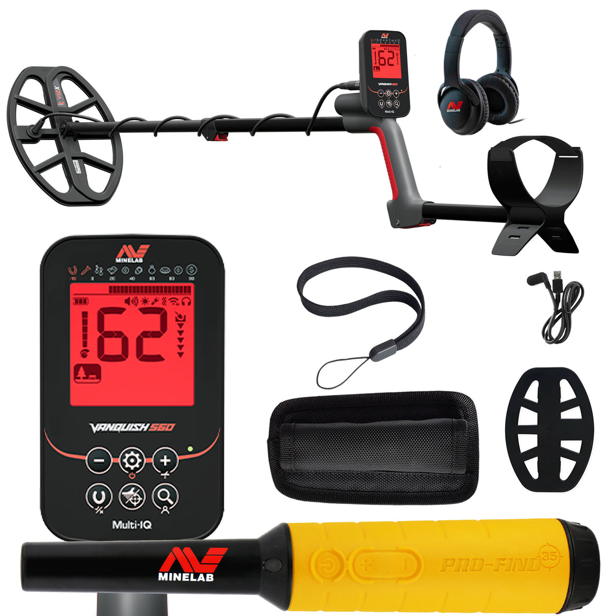 Minelab VANQUISH 560 Waterproof Multi-Frequency Metal Detector with 12 x 9" DD Search Coil with PRO-FIND 35 Pinpointer and accessories