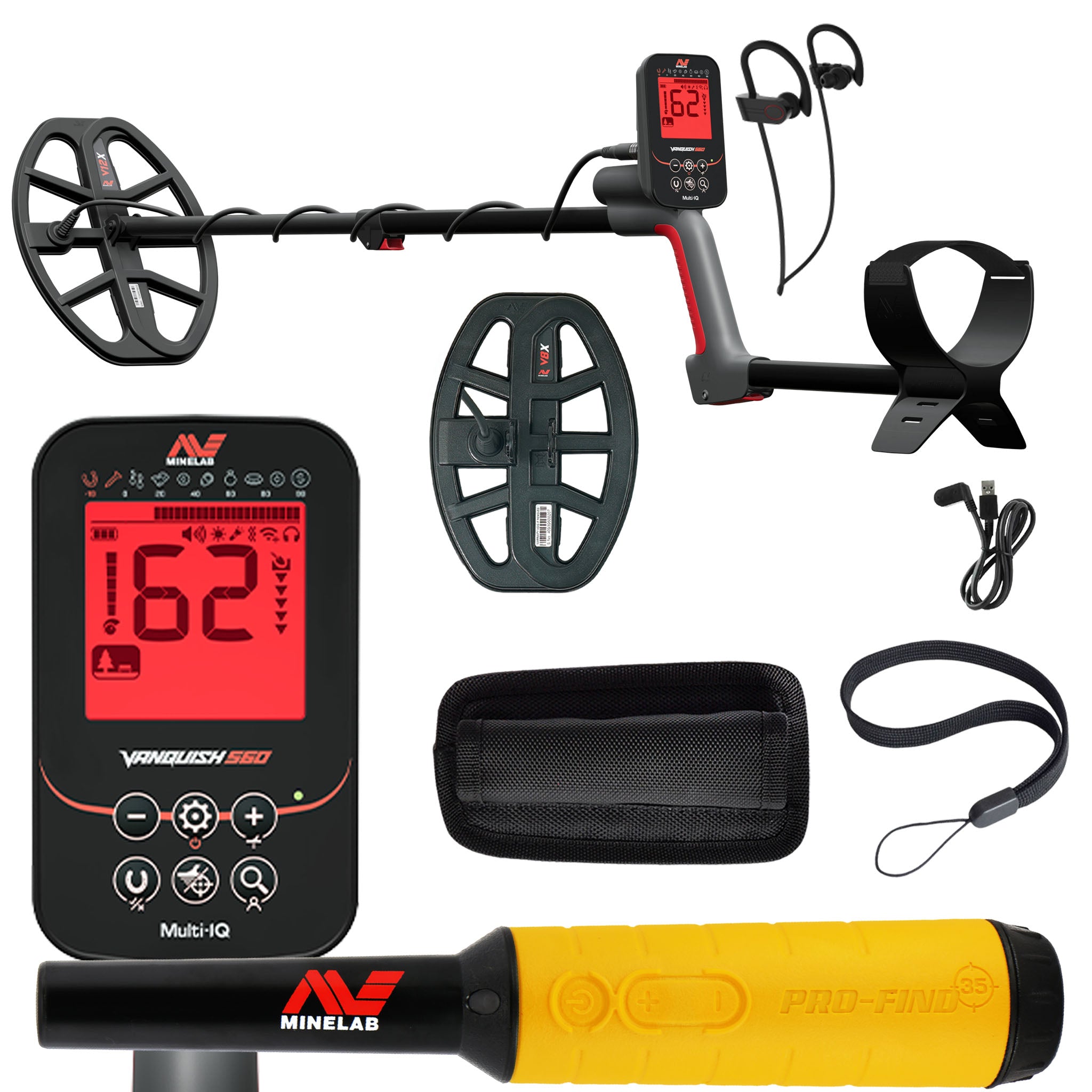 Minelab VANQUISH 560 Pro Pack Waterproof Multi-Frequency Metal Detector with V12x Coil, V8x Coil,  PRO-FIND 35 Pinpointer, and accessories