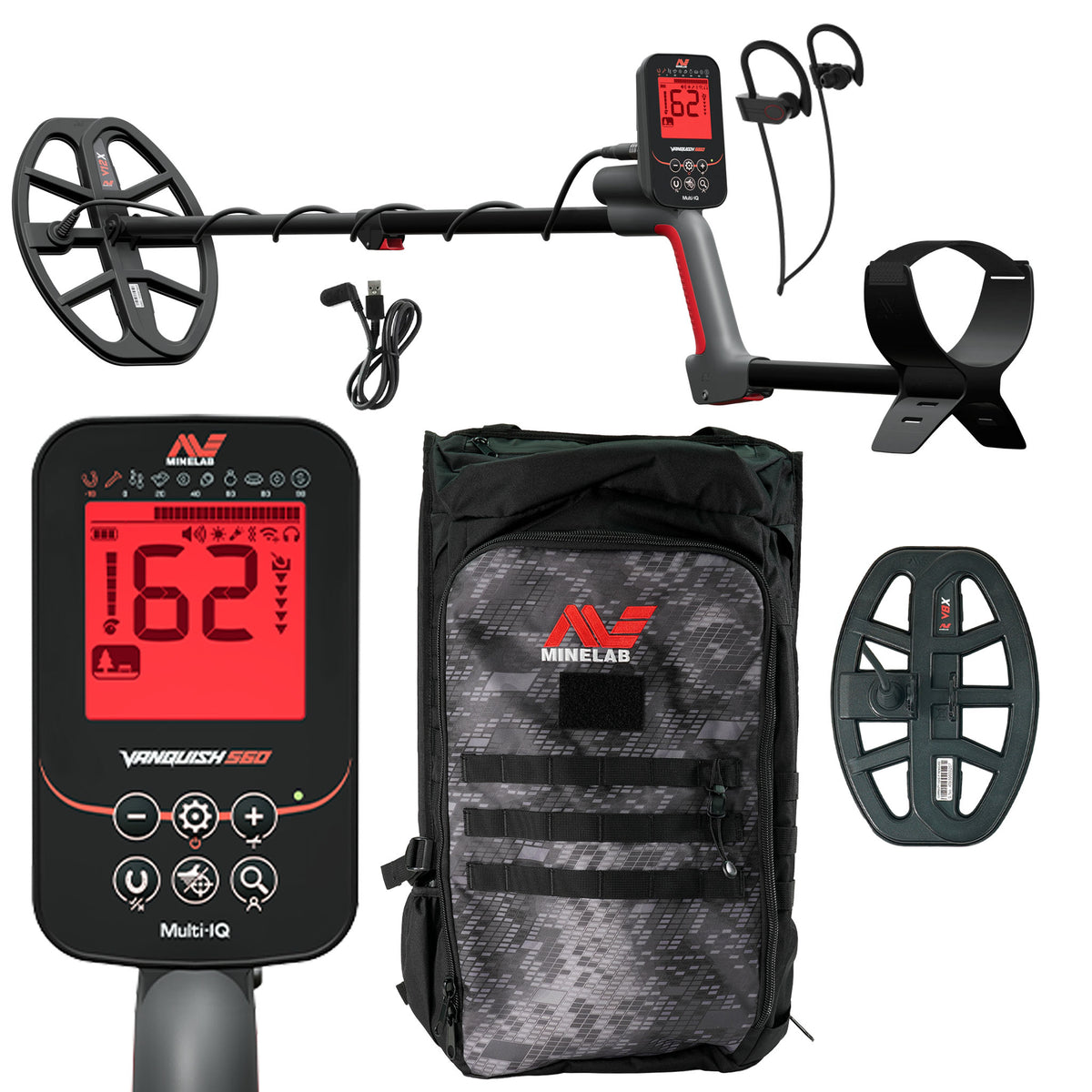 Minelab VANQUISH 560 Pro Pack Waterproof Multi-Frequency Metal Detector with V12x Coil, V8x Coil, and Minelab Backpack