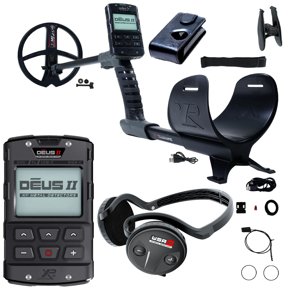 XP DEUS II Fast Multi Frequency RC Metal Detector with WSA-ST Stereo Headphones and 9" FMF Search Coil