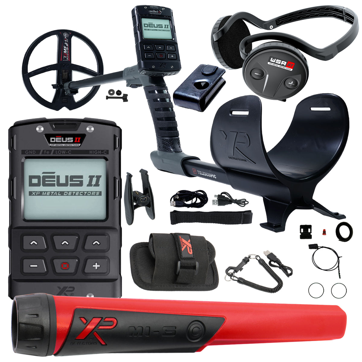 XP DEUS II Fast Multi Frequency RC Metal Detector with WSA-ST Stereo Headphones, MI-6 Pinpointer, and 9" FMF Search Coil