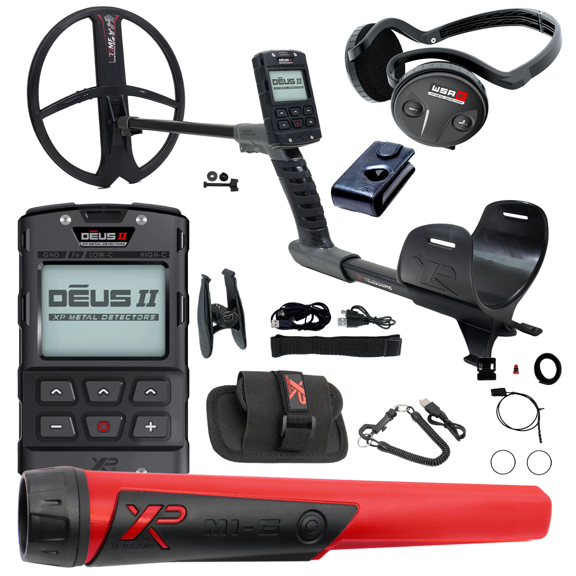 XP DEUS II Fast Multi Frequency RC Metal Detector with 13x11" FMF Search Coil with WSA-ST Stereo Headphones and MI-6 Pinpointer