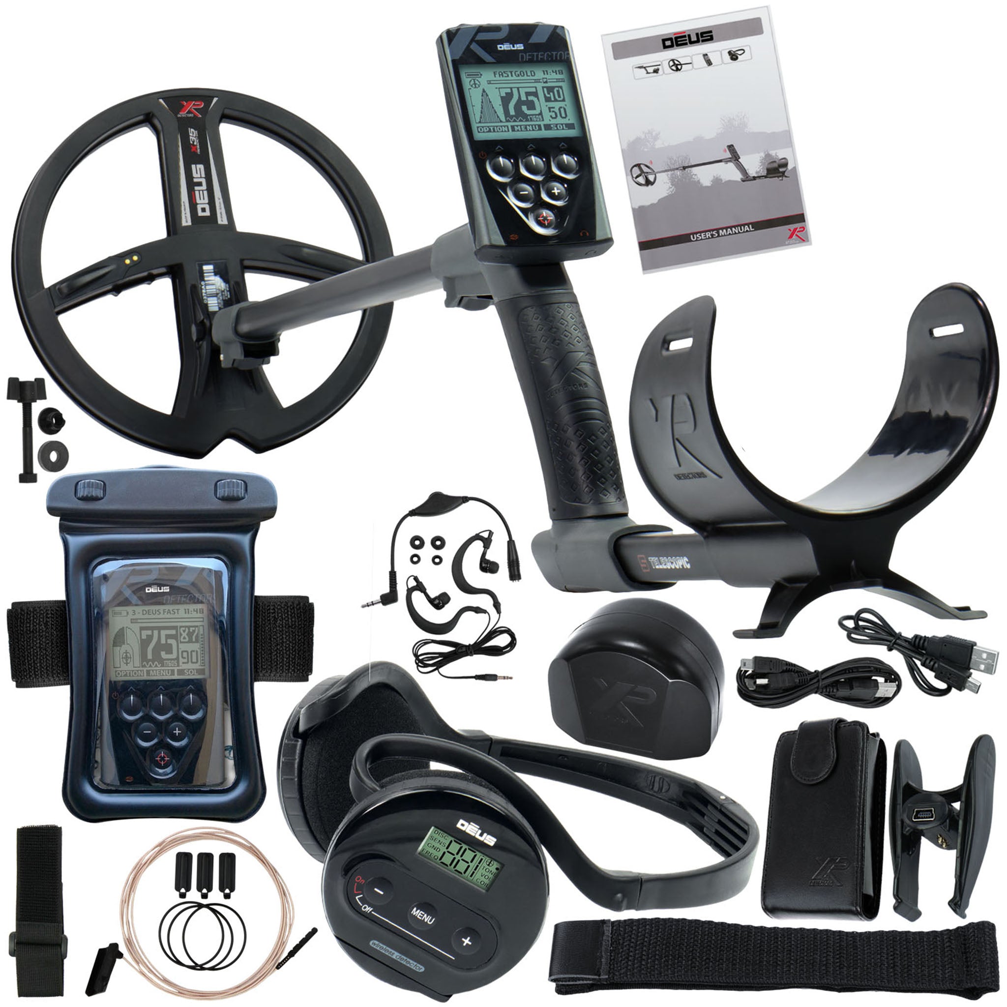XP Deus Detector w/ Backphone Headphones, Remote, 9” X35 Coil & Waterproof Kit