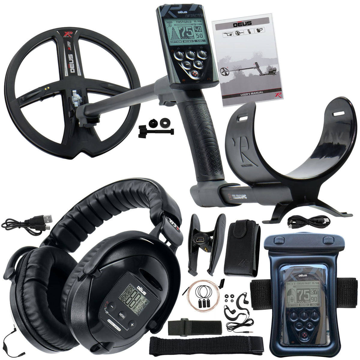 XP Deus Detector w/ Full Sized Headphone, Remote, 9” X35 Coil & Waterproof Kit