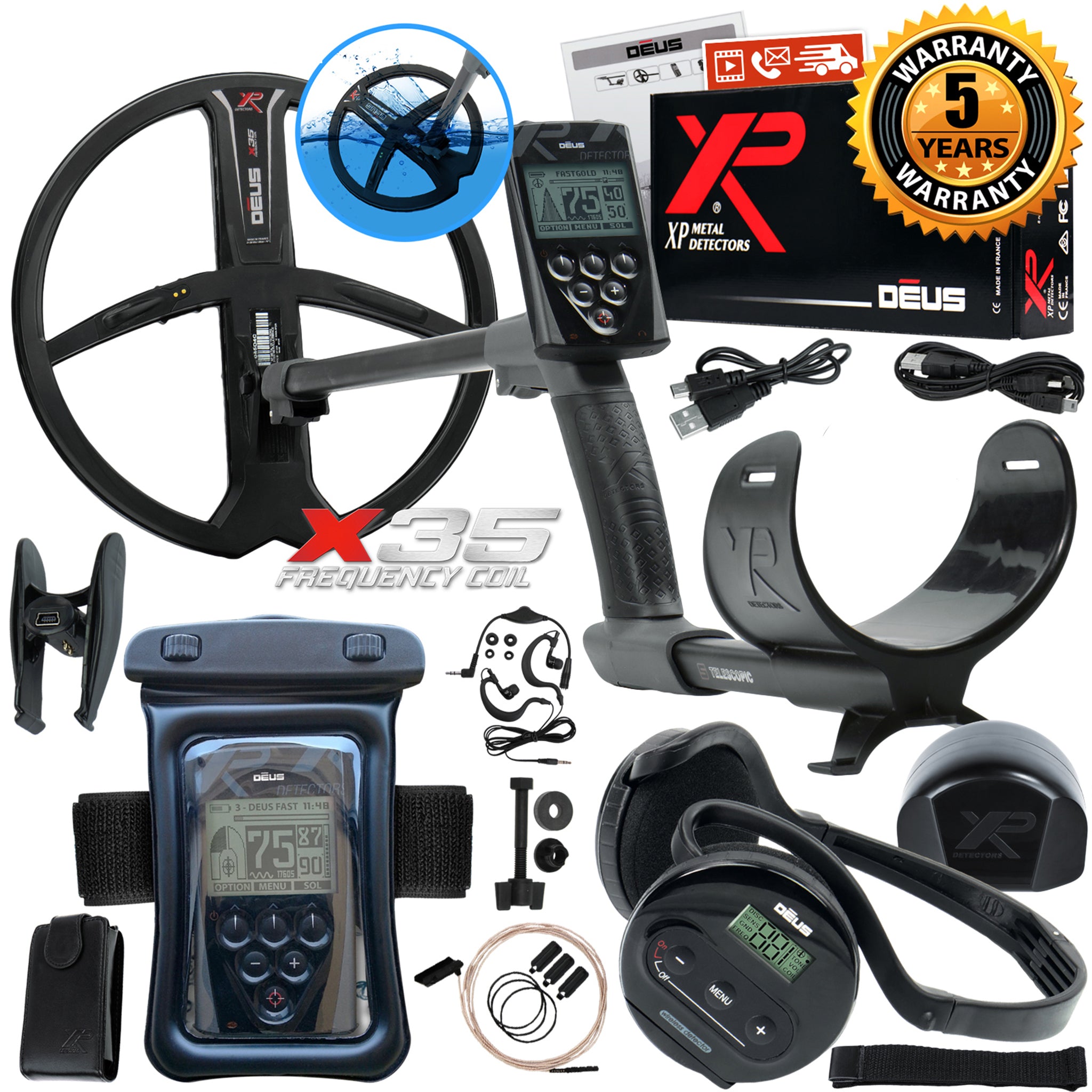 XP Deus Detector Deep Gold & Relic Package, Backphones, Remote and 2 X35 Coils