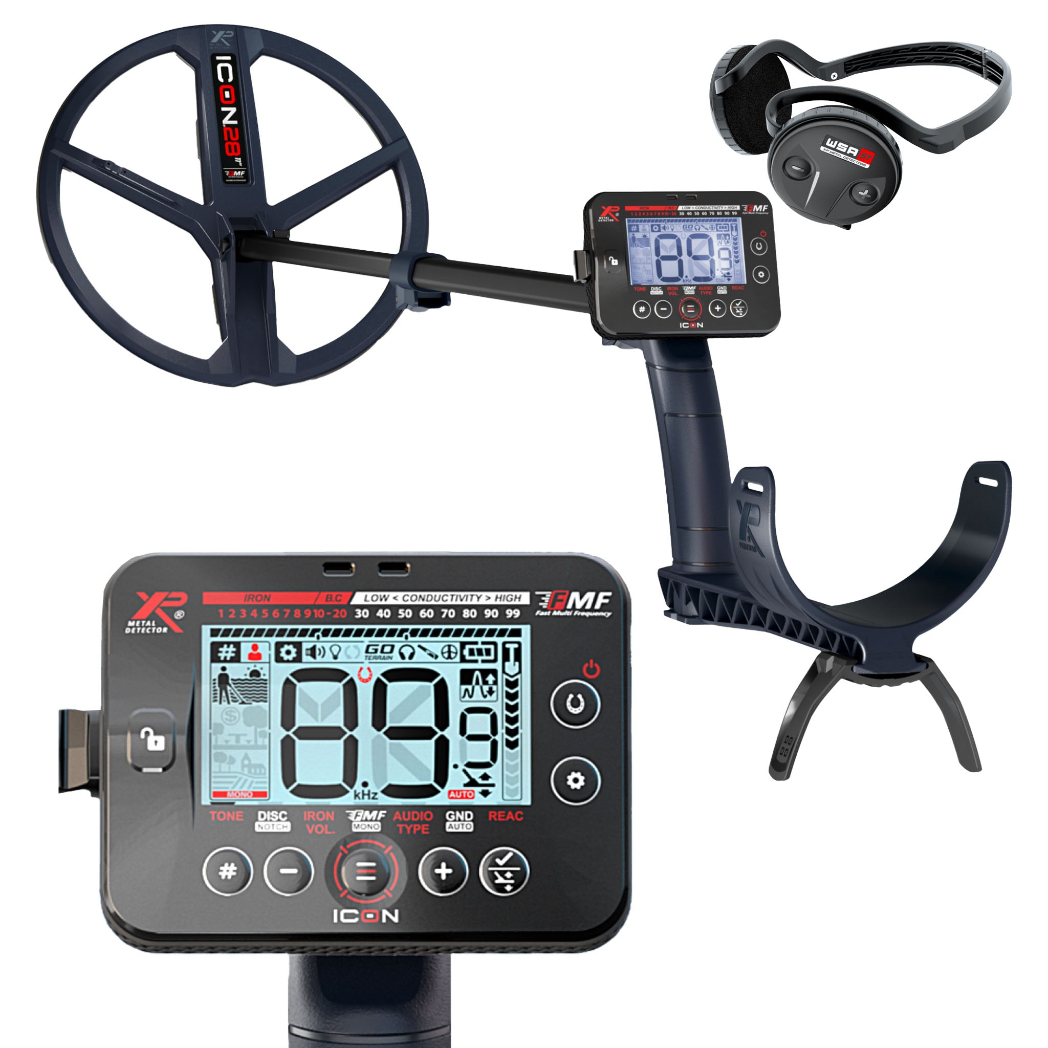 XP ICON Fast Multi Frequency Metal Detector with WSA ST Headphones and 11" FMF Search Coil