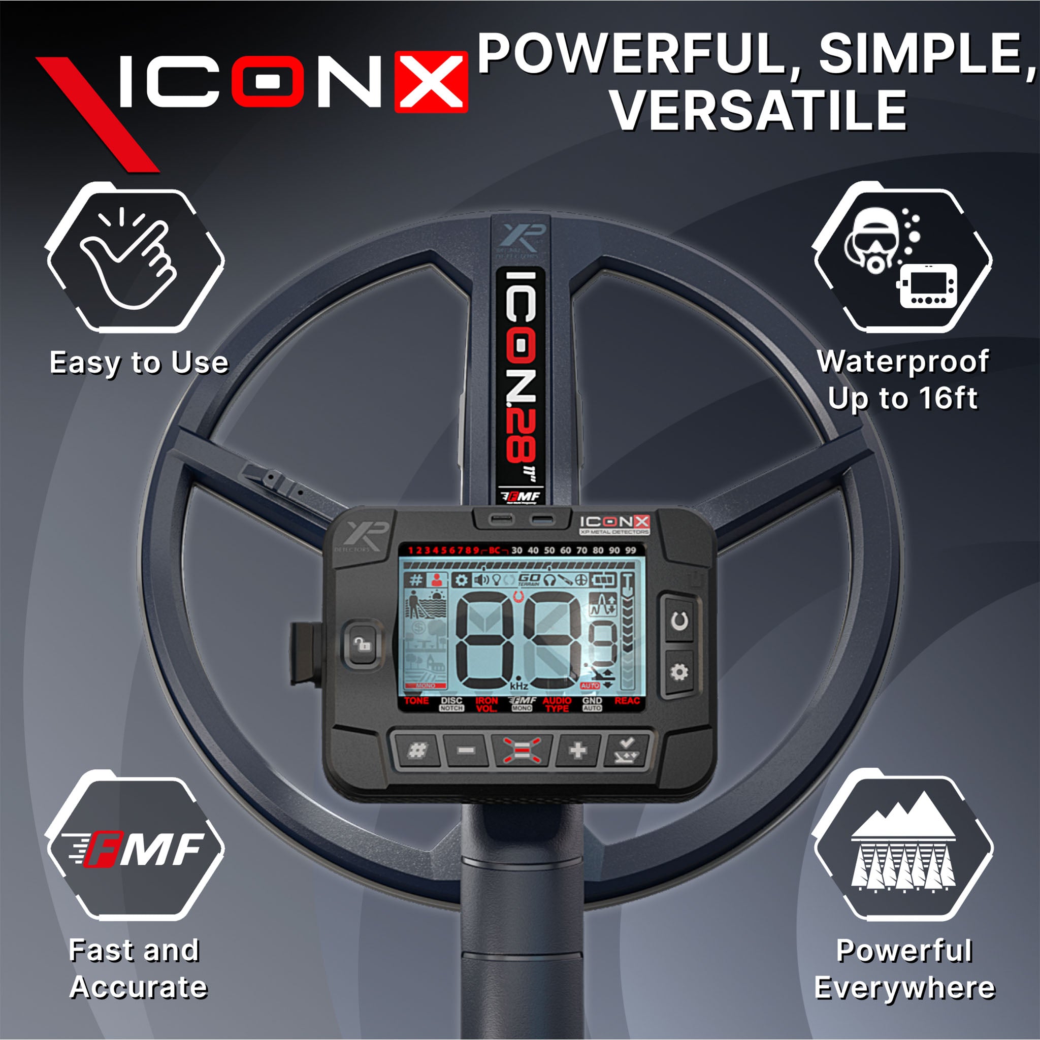 XP ICON-X Fast Multi Frequency Metal Detector with WSA-XL ST Headphones and 11" FMF Search Coil