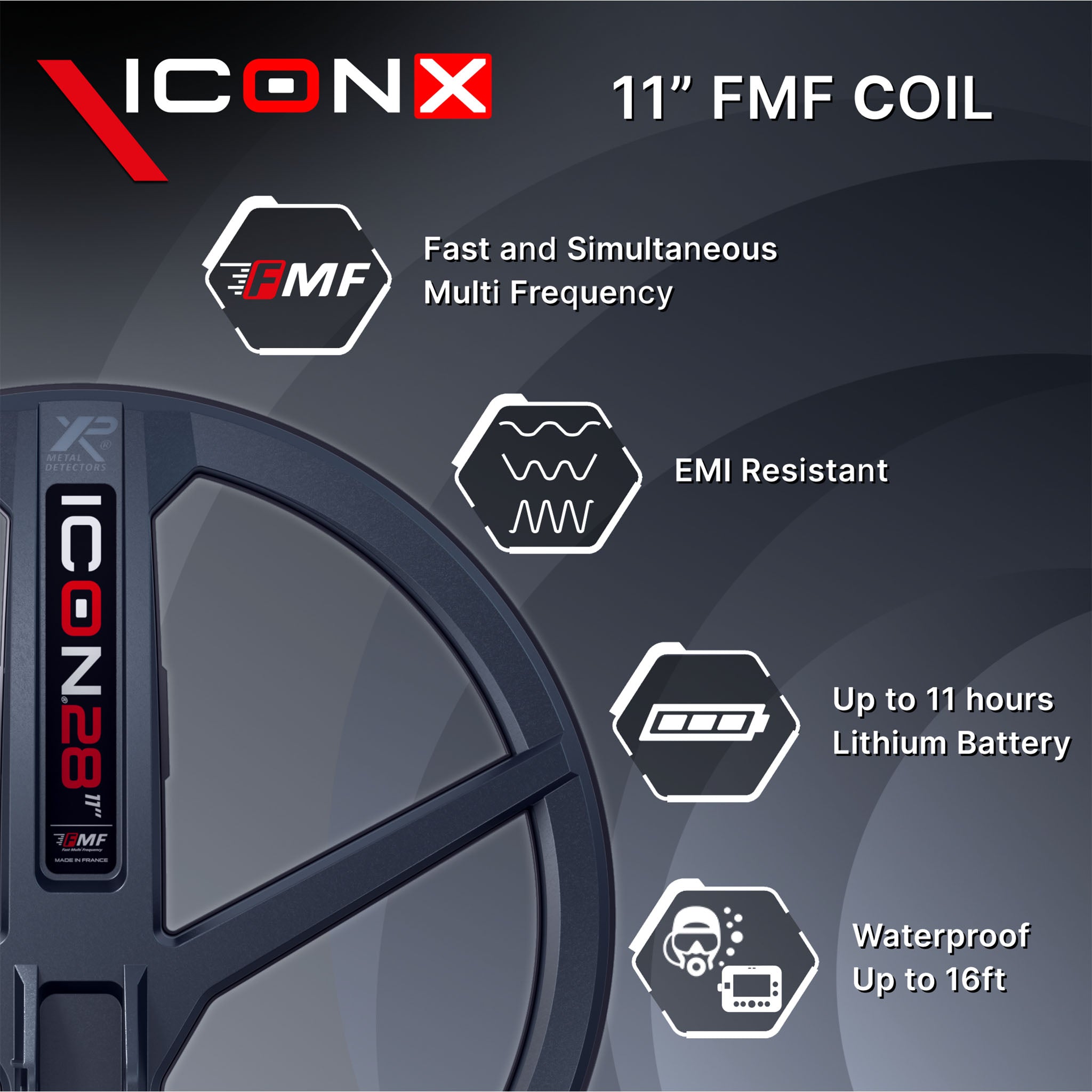 XP ICON-X Fast Multi Frequency Metal Detector with WSA-XL ST Headphones and 11" FMF Search Coil