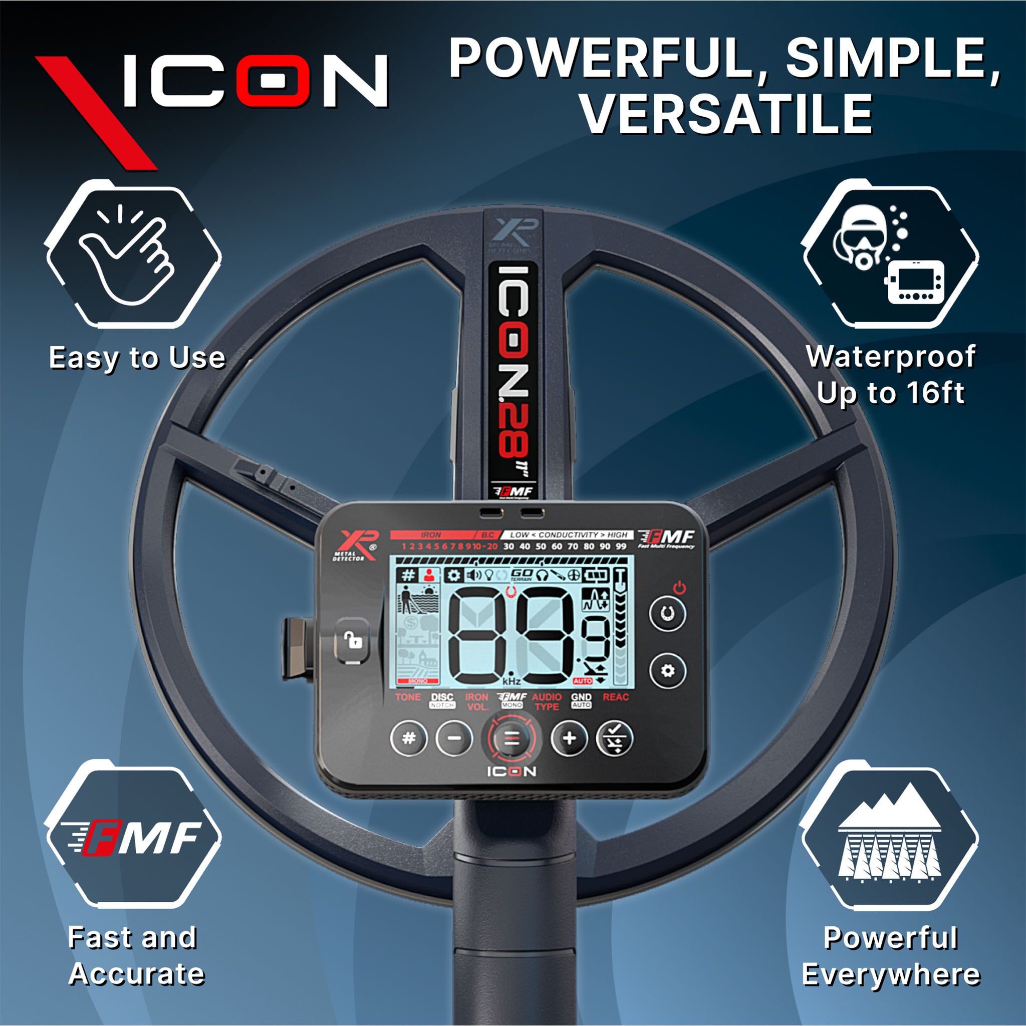 XP ICON Fast Multi Frequency Metal Detector with WSA ST Headphones and 11" FMF Search Coil