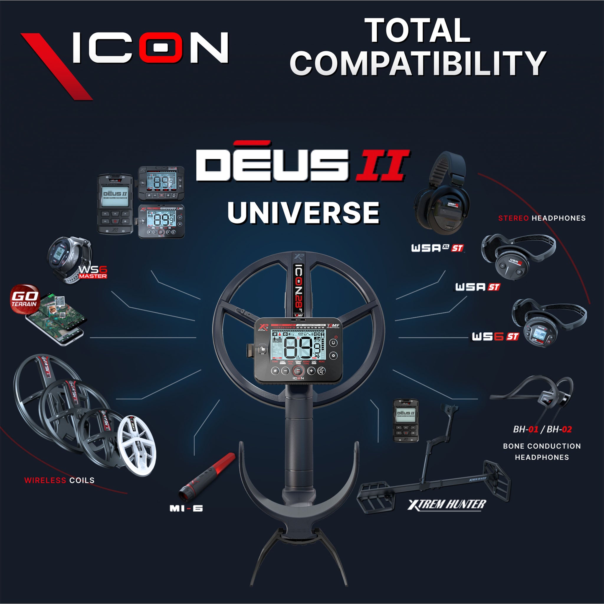 XP ICON Fast Multi Frequency Metal Detector with WSA ST Headphones and 11" FMF Search Coil