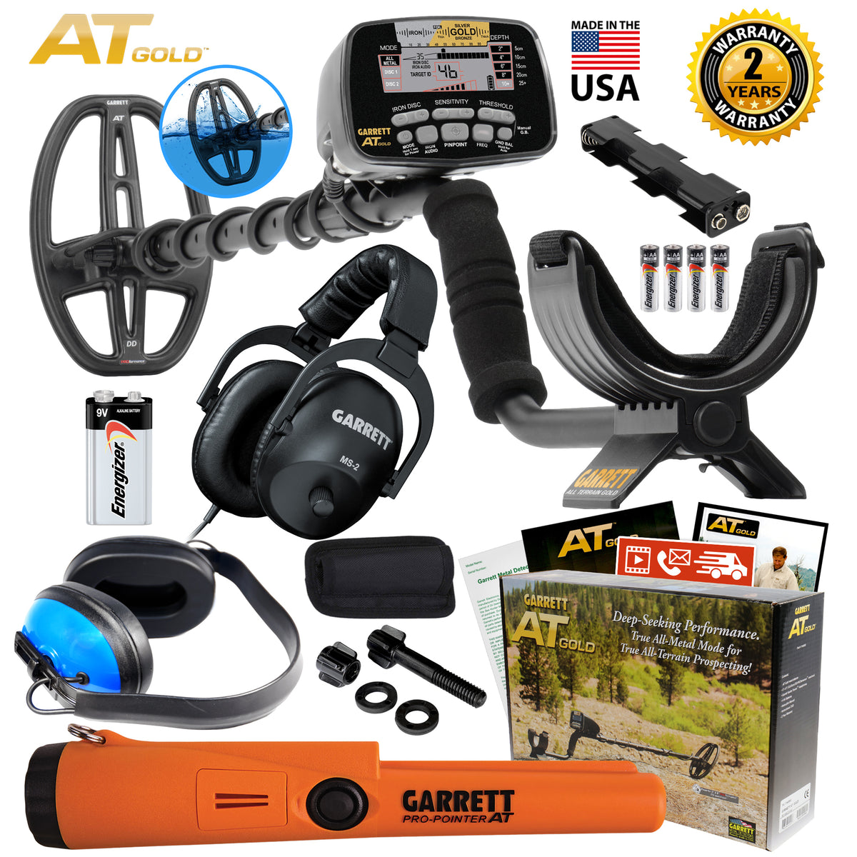 Garrett AT Gold w/ PROformance DD Waterproof Coil, AT Propointer & 2 Headphones