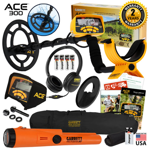 Garrett ACE 300 Metal Detector with Waterproof Coil Pro-Pointer AT and Carry Bag