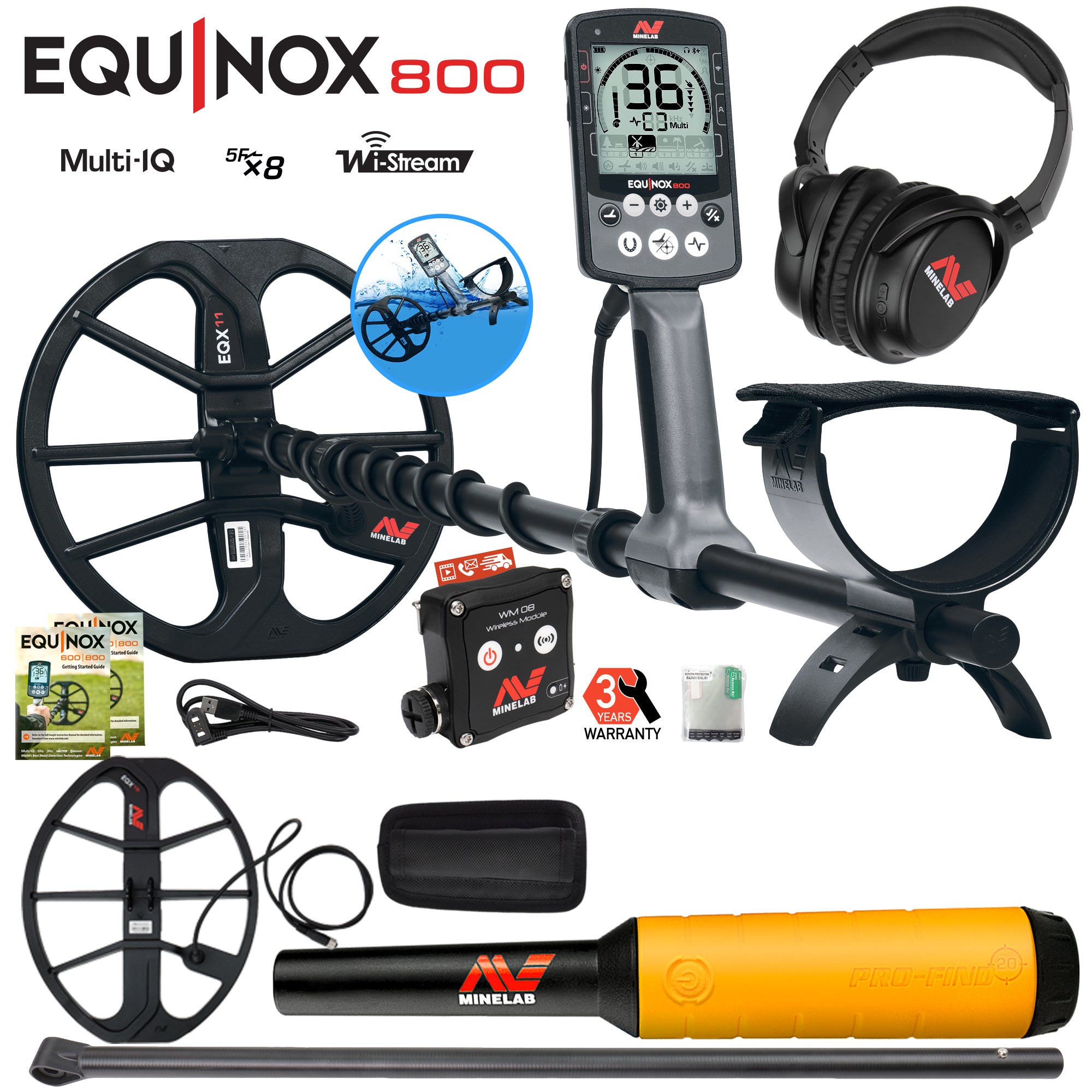 Minelab EQUINOX 800 Metal Detector with 15" Coil, Lower Shaft, and Pro-Find 20