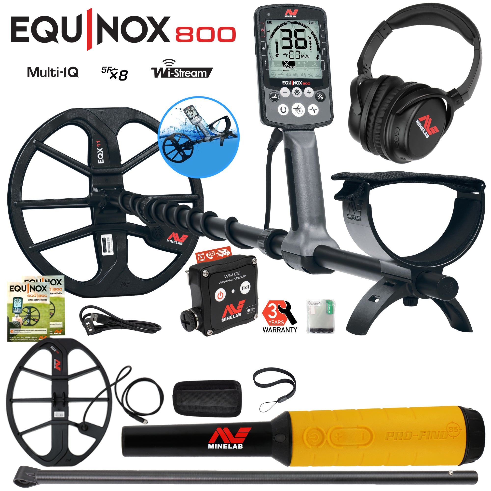 Minelab EQUINOX 800 Metal Detector with 15" Coil, Lower Shaft, and Pro-Find 35