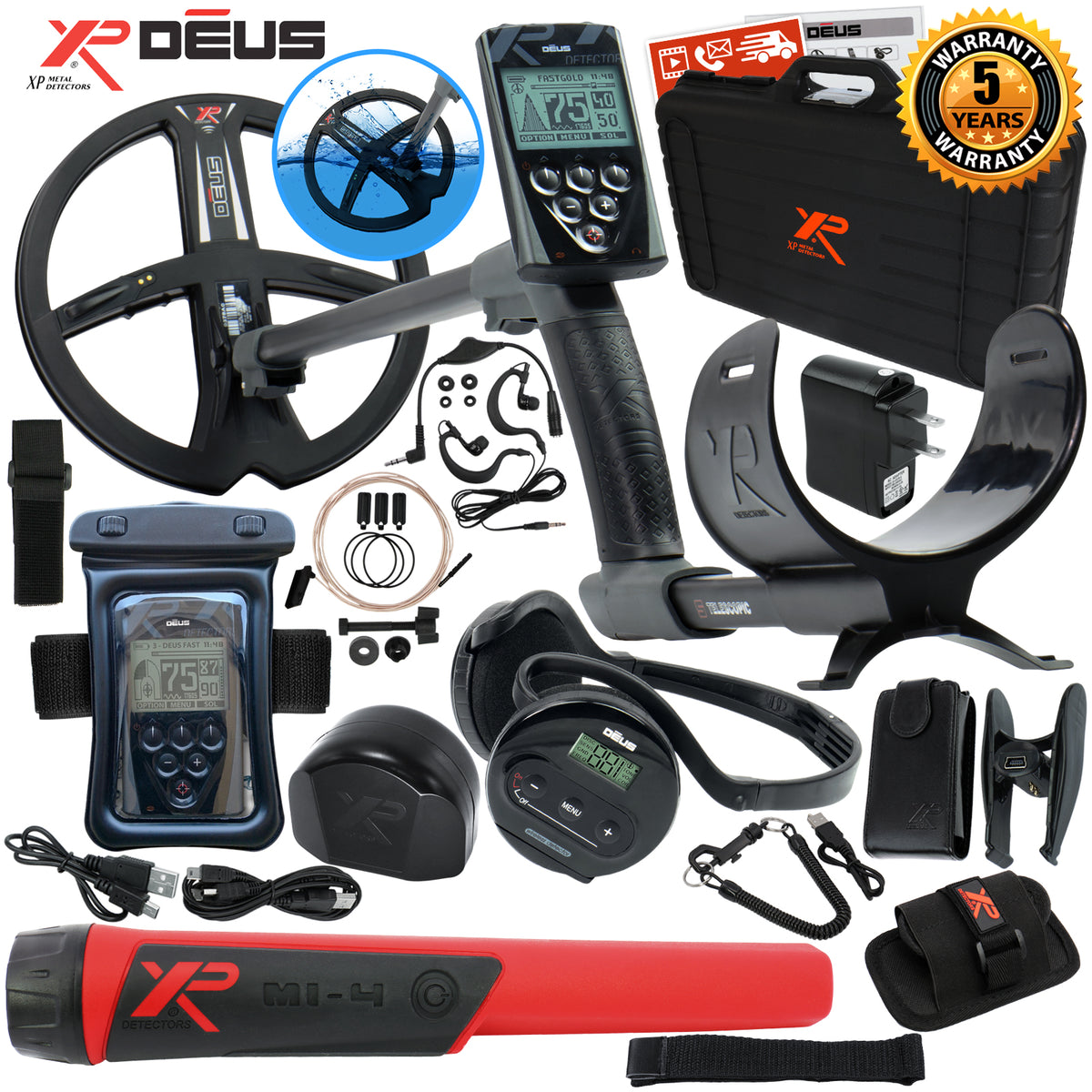 XP Deus Metal Detector w/ MI-4 Pinpointer, Headphones, Remote, X35 Coil & more