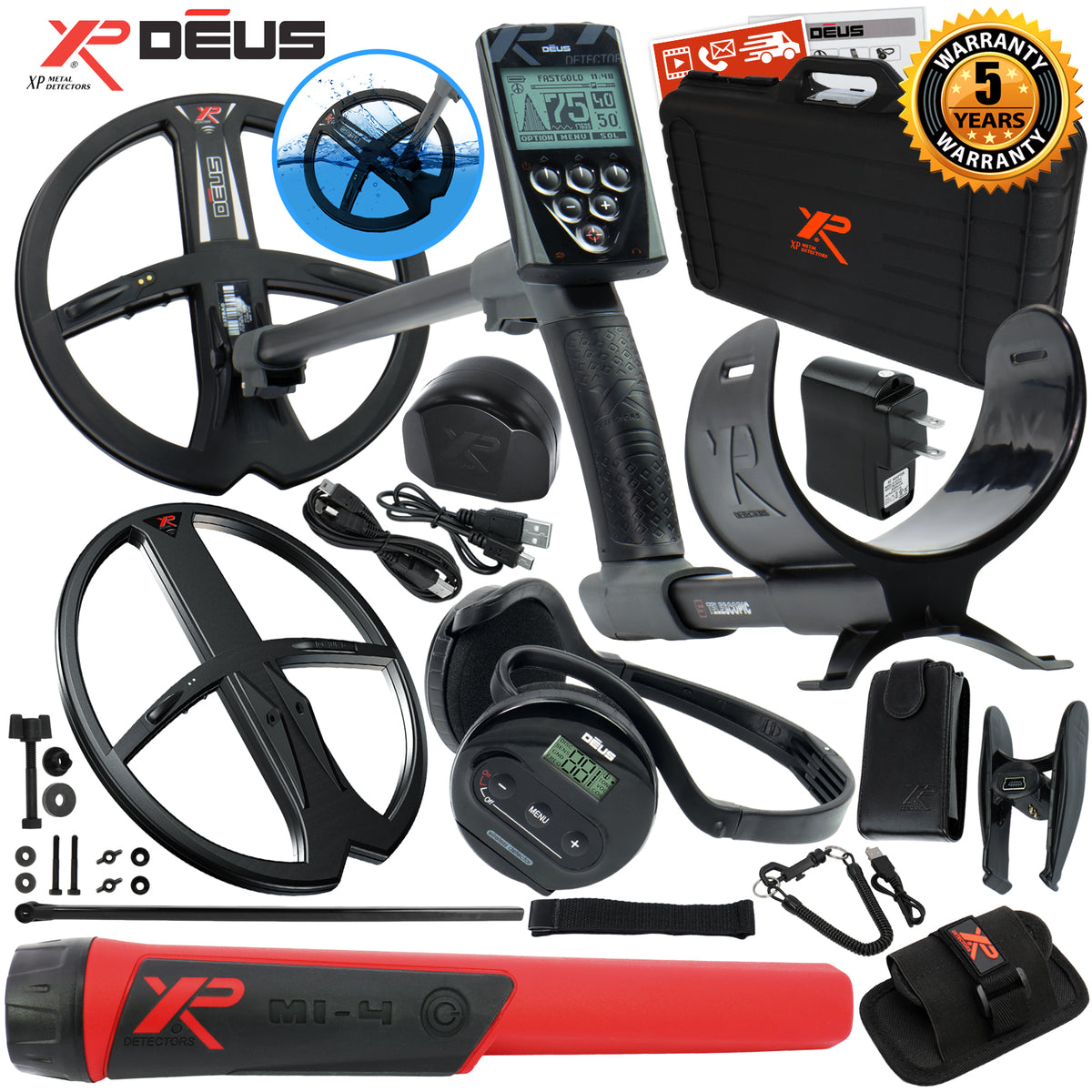 XP Deus Metal Detector w/ MI-4 Pinpointer, WS4 Backphone, Remote & 2 X35 Coils
