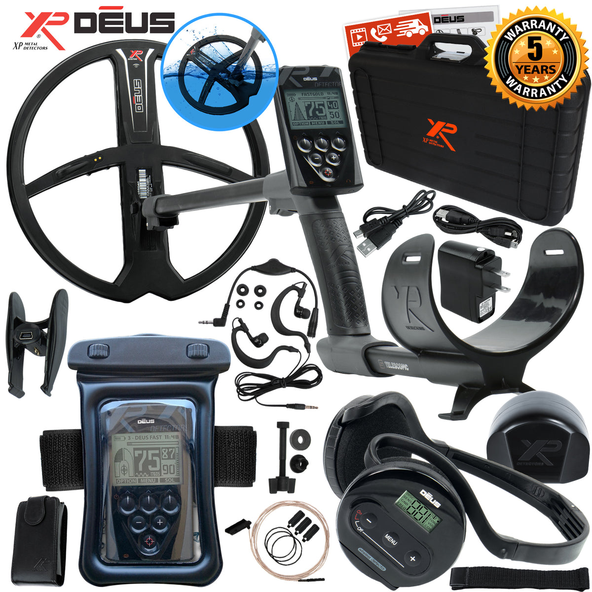 XP Deus Metal Detector w/ Headphones, Remote, 11” X35 Coil & Waterproof Kit