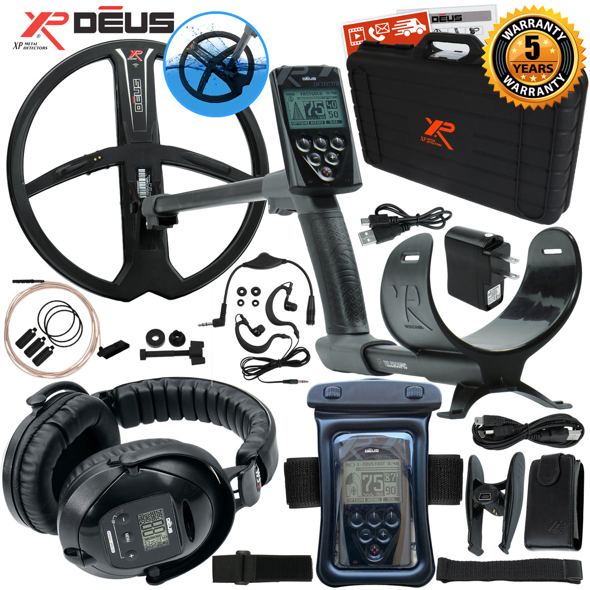 XP Deus Metal Detector, Full Headphones, Remote, 11” X35 Coil & Waterproof Kit