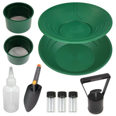 10" & 14" Green Plastic Gold Pans, Sifting Pans, Sniffer Bottle, Trowel & More